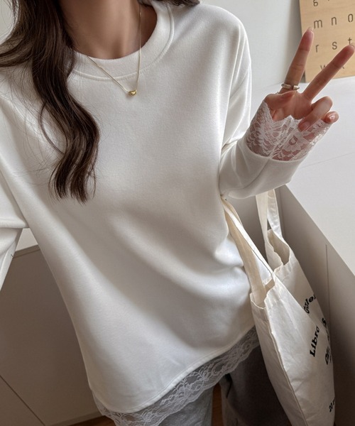 Lace Ladies（レースレディース）の「配レース 裏起毛 クルーネック 長袖 プルオーバー（Tシャツ/カットソー・レディース・ホワイト/ブラック・M/XL）」の11枚目の写真
