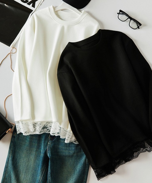 Lace Ladies（レースレディース）の「配レース 裏起毛 クルーネック 長袖 プルオーバー（Tシャツ/カットソー・レディース・ホワイト/ブラック・M/XL）」の12枚目の写真