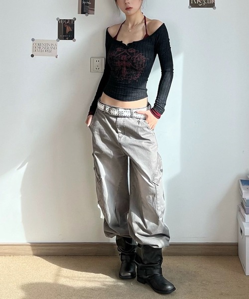 .KOM(ドットコム)の「A'GEM/9 × .kom 『.KOM/ドットケーオーエム』ヴィンテージレイヤードリブトップス(Tシャツ/カットソー・レディース・グレー/ブラック・M)」の8枚目の写真
