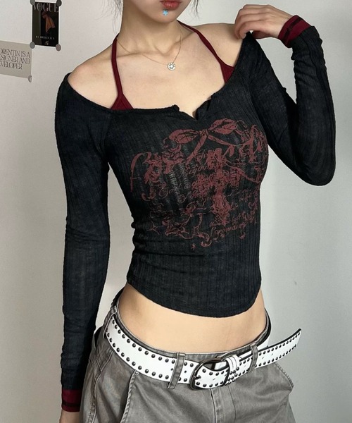 .KOM(ドットコム)の「A'GEM/9 × .kom 『.KOM/ドットケーオーエム』ヴィンテージレイヤードリブトップス(Tシャツ/カットソー・レディース・グレー/ブラック・M)」の7枚目の写真
