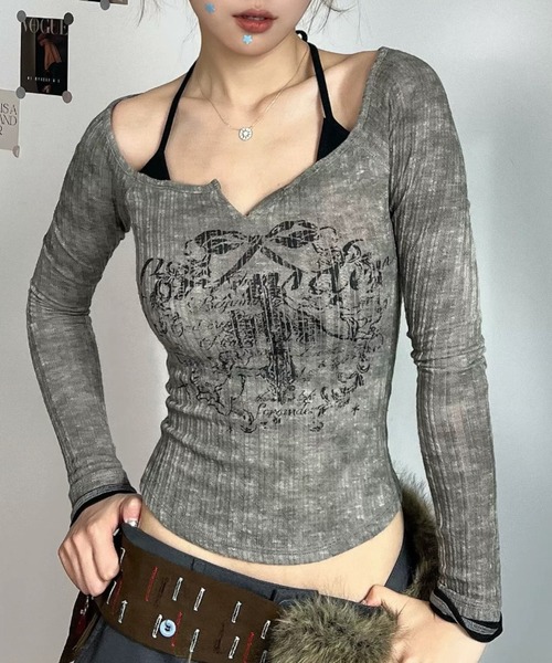 .KOM(ドットコム)の「A'GEM/9 × .kom 『.KOM/ドットケーオーエム』ヴィンテージレイヤードリブトップス(Tシャツ/カットソー・レディース・グレー/ブラック・M)」の6枚目の写真