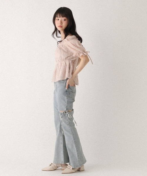 Heather(ヘザー)の「ジャガードリボンブラウス(半袖) 680360(シャツ/ブラウス・レディース・ブルーグレー/アイボリー/ピンク・FREE)」の4枚目の写真