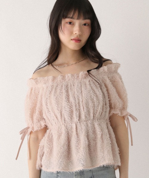 Heather(ヘザー)の「ジャガードリボンブラウス(半袖) 680360(シャツ/ブラウス・レディース・ブルーグレー/アイボリー/ピンク・FREE)」の6枚目の写真