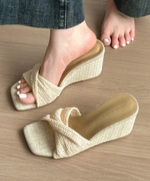 スクエアトゥ ツイスト メッシュ ウエッジ サンダル