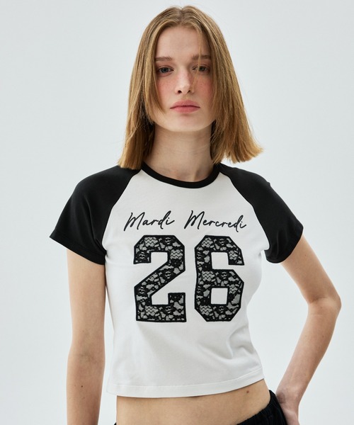 Mardi Mercredi(マルディメクルディ)の「CROPPED TSHIRT RAGLAN NO.26 LACE / クロップド Tシャツ ラグラン NO.26 レース(Tシャツ/カットソー・レディース・チャコールグレー/グレー/ライトベージュ/アイボリー・FREE)」の5枚目の写真