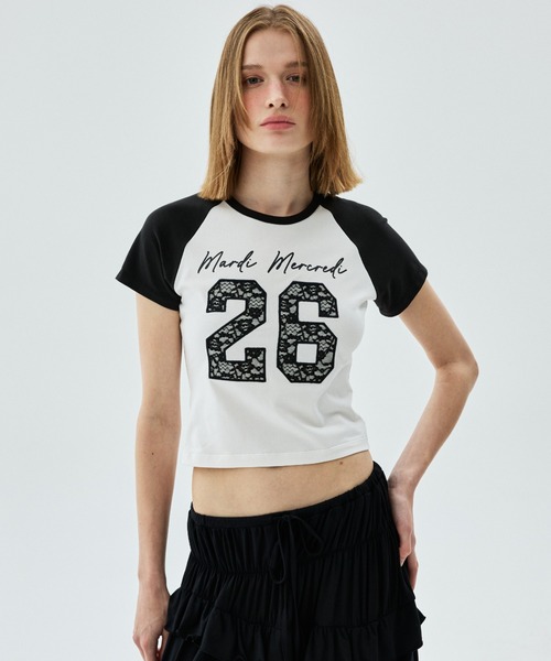 Mardi Mercredi(マルディメクルディ)の「CROPPED TSHIRT RAGLAN NO.26 LACE / クロップド Tシャツ ラグラン NO.26 レース(Tシャツ/カットソー・レディース・チャコールグレー/グレー/ライトベージュ/アイボリー・FREE)」の6枚目の写真