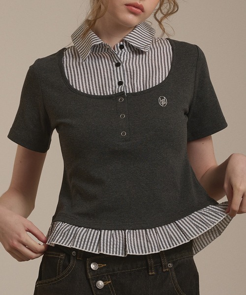 hazyl(ヘイジル)の「shirt frill docking tops / シャツフリルドッキングトップス(Tシャツ/カットソー・レディース・ブラック/ブラウン系その他・フリー)」の2枚目の写真