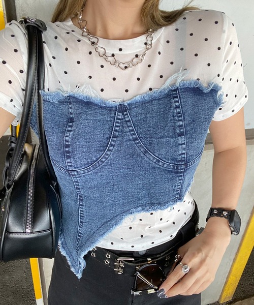 non-hedge(ノンヘッジ)の「デニムイレギュラー切替ドット柄シアーヘムトップス(Tシャツ/カットソー・レディース・オフホワイト/ブラック・FREE)」の2枚目の写真