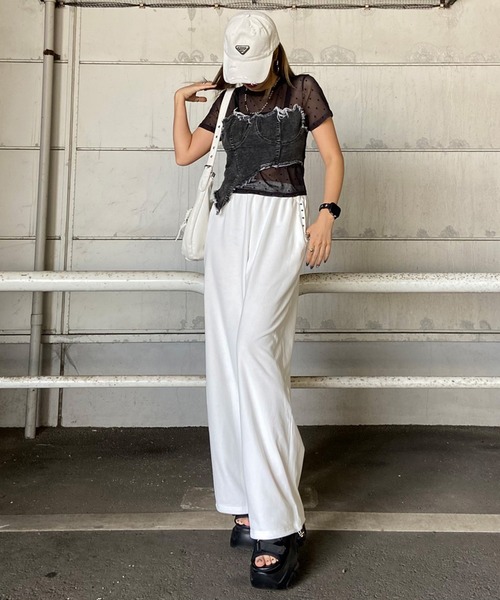 non-hedge(ノンヘッジ)の「デニムイレギュラー切替ドット柄シアーヘムトップス(Tシャツ/カットソー・レディース・オフホワイト/ブラック・FREE)」の20枚目の写真