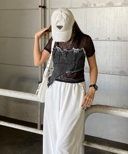 non-hedge(ノンヘッジ)の「デニムイレギュラー切替ドット柄シアーヘムトップス(Tシャツ/カットソー・レディース・オフホワイト/ブラック・FREE)」の21枚目の写真