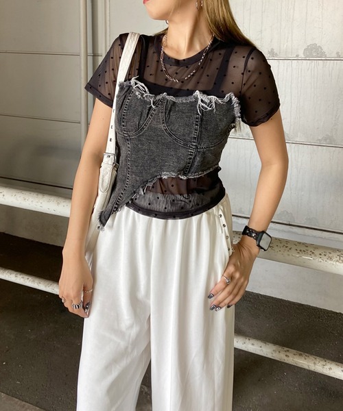 non-hedge(ノンヘッジ)の「デニムイレギュラー切替ドット柄シアーヘムトップス(Tシャツ/カットソー・レディース・オフホワイト/ブラック・FREE)」の22枚目の写真