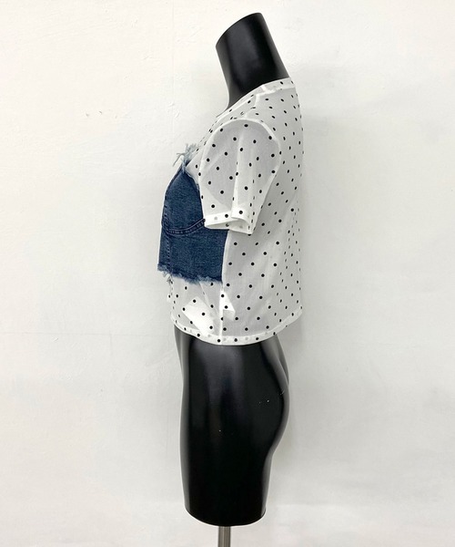 non-hedge(ノンヘッジ)の「デニムイレギュラー切替ドット柄シアーヘムトップス(Tシャツ/カットソー・レディース・オフホワイト/ブラック・FREE)」の3枚目の写真