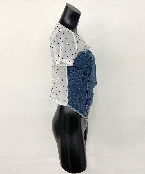 non-hedge(ノンヘッジ)の「デニムイレギュラー切替ドット柄シアーヘムトップス(Tシャツ/カットソー・レディース・オフホワイト/ブラック・FREE)」の4枚目の写真
