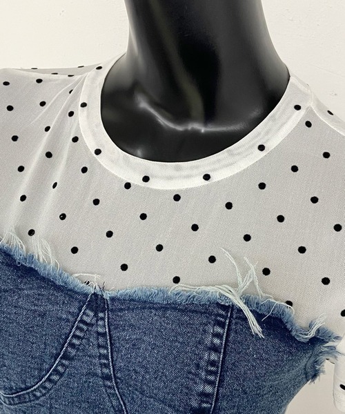 non-hedge(ノンヘッジ)の「デニムイレギュラー切替ドット柄シアーヘムトップス(Tシャツ/カットソー・レディース・オフホワイト/ブラック・FREE)」の6枚目の写真
