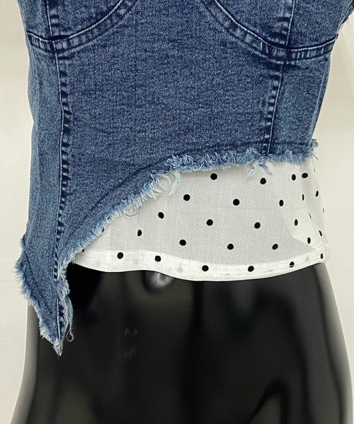 non-hedge(ノンヘッジ)の「デニムイレギュラー切替ドット柄シアーヘムトップス(Tシャツ/カットソー・レディース・オフホワイト/ブラック・FREE)」の11枚目の写真