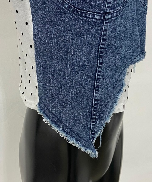 non-hedge(ノンヘッジ)の「デニムイレギュラー切替ドット柄シアーヘムトップス(Tシャツ/カットソー・レディース・オフホワイト/ブラック・FREE)」の12枚目の写真