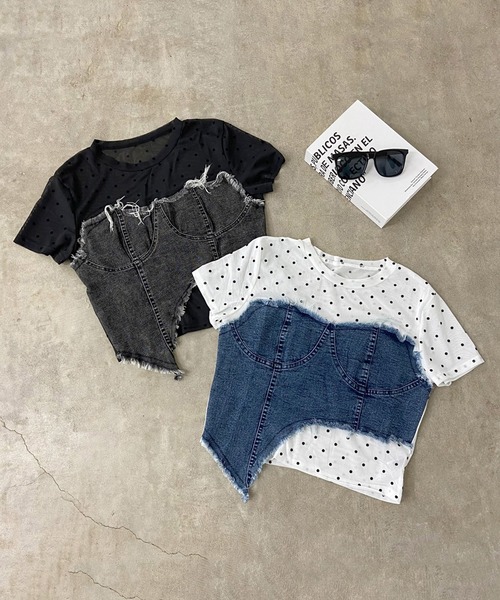 non-hedge(ノンヘッジ)の「デニムイレギュラー切替ドット柄シアーヘムトップス(Tシャツ/カットソー・レディース・オフホワイト/ブラック・FREE)」の14枚目の写真
