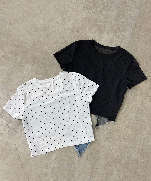 non-hedge(ノンヘッジ)の「デニムイレギュラー切替ドット柄シアーヘムトップス(Tシャツ/カットソー・レディース・オフホワイト/ブラック・FREE)」の15枚目の写真