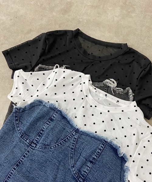 non-hedge(ノンヘッジ)の「デニムイレギュラー切替ドット柄シアーヘムトップス(Tシャツ/カットソー・レディース・オフホワイト/ブラック・FREE)」の16枚目の写真