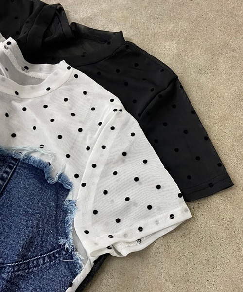 non-hedge(ノンヘッジ)の「デニムイレギュラー切替ドット柄シアーヘムトップス(Tシャツ/カットソー・レディース・オフホワイト/ブラック・FREE)」の17枚目の写真
