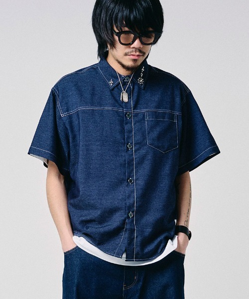 EFFECTEN（エフェクテン）の「mhs2654-Studs chambray shirts シャンブレーシャツ(efdig-03)（シャツ/ブラウス・メンズ・サックスブルー/インディゴブルー・M/L/XL）」の2枚目の写真