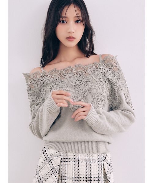 SNIDEL(スナイデル)の「レーストリミングニットプルオーバー(ニット/セーター・レディース・グレー/ミント/ホワイト・F)」の1枚目の写真