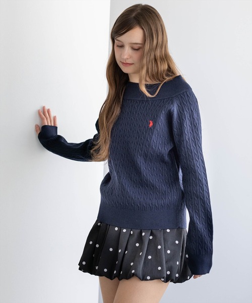U.S. POLO ASSN.（ユーエスポロアッスン）の「【U.S. POLO ASSN.】clear 別注 ケーブルオフショルニットトップス（ニット/セーター・レディース・ネイビー/アイボリー/ピンク/グレー・F）」の15枚目の写真