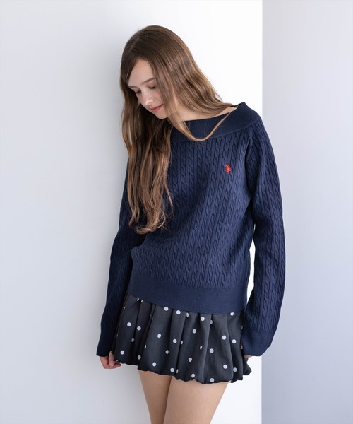 U.S. POLO ASSN.（ユーエスポロアッスン）の「【U.S. POLO ASSN.】clear 別注 ケーブルオフショルニットトップス（ニット/セーター・レディース・ネイビー/アイボリー/ピンク/グレー・F）」の17枚目の写真