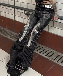Y2K ウォッシュ加工 クロススタッズ ルーズフレアパンツ