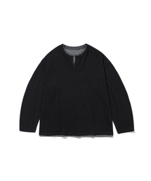 ANGLAN（アングラン）の「ストライプレイヤードヘンリー長袖 - ブラック（Tシャツ/カットソー）」