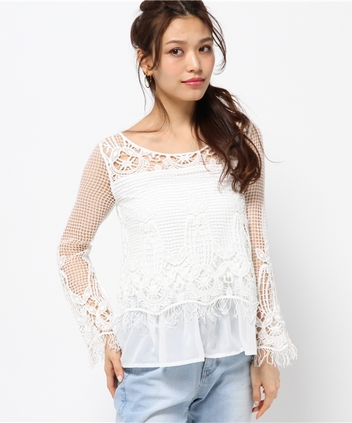 rienda(リエンダ)の「レースシフォンコンビTOP(Tシャツ/カットソー・レディース・ライトベージュ/ホワイト/ブラック・FREE)」の6枚目の写真