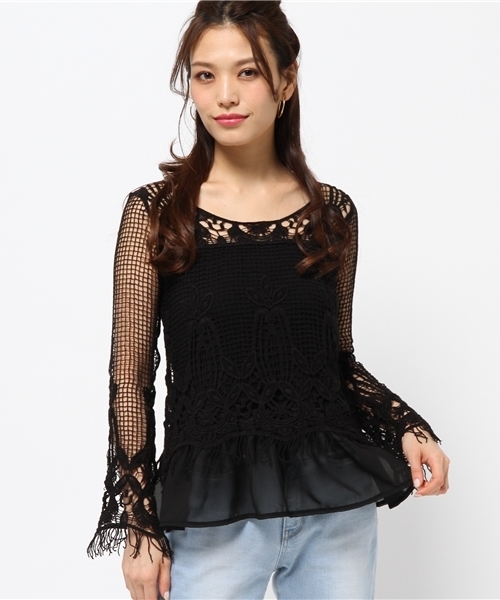 rienda(リエンダ)の「レースシフォンコンビTOP(Tシャツ/カットソー・レディース・ライトベージュ/ホワイト/ブラック・FREE)」の7枚目の写真