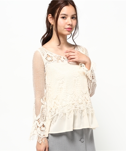 rienda(リエンダ)の「レースシフォンコンビTOP(Tシャツ/カットソー・レディース・ライトベージュ/ホワイト/ブラック・FREE)」の8枚目の写真