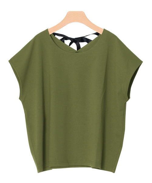 Pierrot(ピエロ)の「バックリボン フレンチスリーブ ポンチ素材トップス(Tシャツ/カットソー・レディース・ブルー/オフホワイト/ブラック/カーキ/ピンクベージュ/ネイビー・L/M)」の4枚目の写真