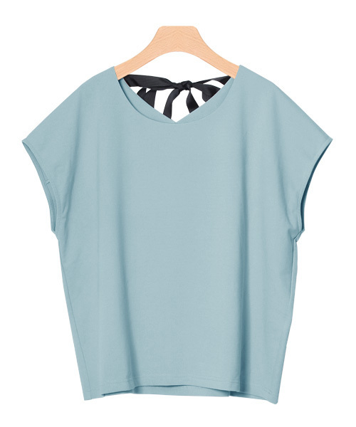 Pierrot(ピエロ)の「バックリボン フレンチスリーブ ポンチ素材トップス(Tシャツ/カットソー・レディース・ブルー/オフホワイト/ブラック/カーキ/ピンクベージュ/ネイビー・L/M)」の5枚目の写真