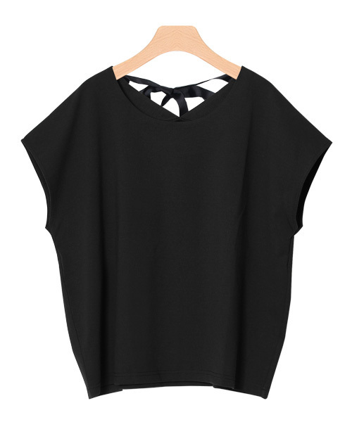 Pierrot(ピエロ)の「バックリボン フレンチスリーブ ポンチ素材トップス(Tシャツ/カットソー・レディース・ブルー/オフホワイト/ブラック/カーキ/ピンクベージュ/ネイビー・L/M)」の3枚目の写真