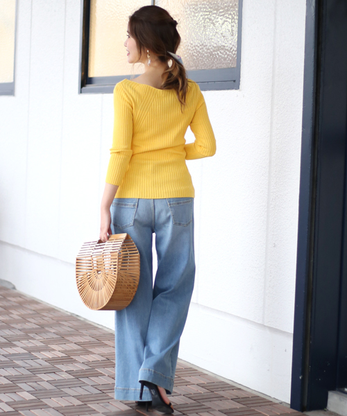 Bou Jeloud（ブージュルード）の「【WEB限定】リブ ライン 七分袖 ニット プルオーバー（ニット/セーター・レディース・ブラック/オフホワイト/ピンク/イエロー/ブルー・FREE）」の7枚目の写真