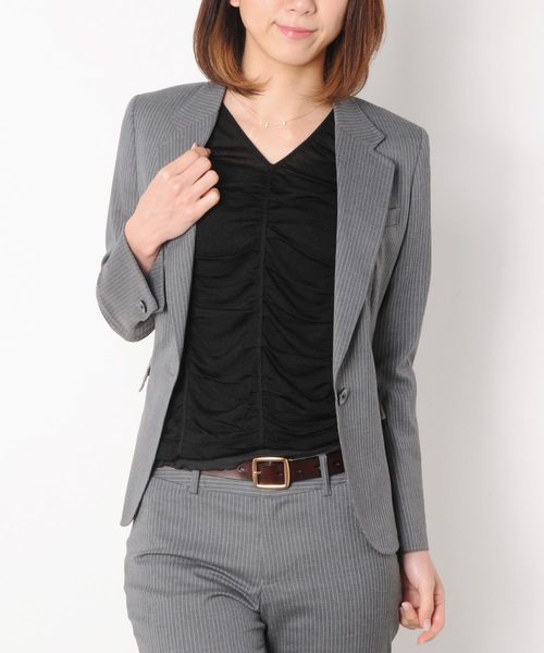 sankyo shokai(サンキョウショウカイ)の「シャーリングギャザーVネックカットソー(Tシャツ/カットソー・レディース・ホワイト/ブラック・M/L)」の2枚目の写真