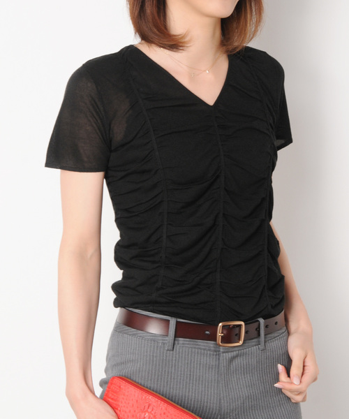 sankyo shokai(サンキョウショウカイ)の「シャーリングギャザーVネックカットソー(Tシャツ/カットソー・レディース・ホワイト/ブラック・M/L)」の6枚目の写真