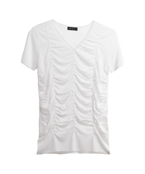 sankyo shokai(サンキョウショウカイ)の「シャーリングギャザーVネックカットソー(Tシャツ/カットソー・レディース・ホワイト/ブラック・M/L)」の3枚目の写真