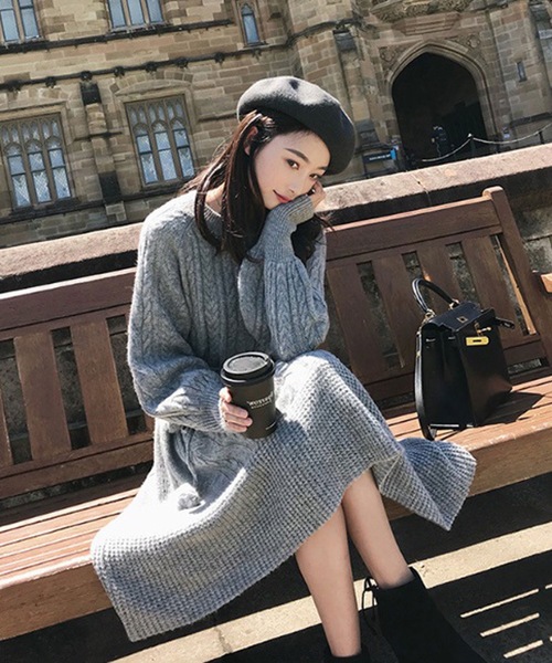 LUGG NAGG（ラグナグ）の「ケーブルニットミモレ丈Aラインワンピース（ワンピース・レディース・ホワイト/グレー/ブラウン/ベージュ・FREE）」の3枚目の写真