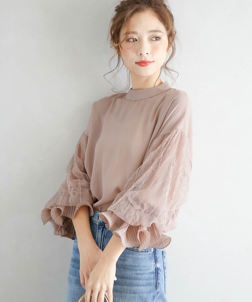 La-gemme(ラジェム)の「ボリュームレース袖スタンドカラートップス(シャツ/ブラウス・レディース・ホワイト/ブラック/ピンク/カーキブラウン・M/L)」の4枚目の写真