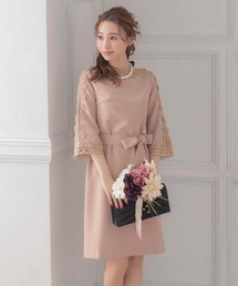 Retica（レティカ）の「パーティードレス リボンベルト ラインレース 五分袖 ひざ丈 ワンピース 低身長 20代 30代 大きいサイズ お呼ばれ 結婚式（ドレス）」