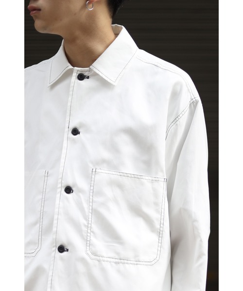 CREARE -LINO-（クレアーレリノ）の「くすみカラー ビックポケット 配色スッテチングシャツ<ユニセックス>（シャツ/ブラウス・メンズ・ブラック/ライトグリーン/ベージュ/ホワイト/サックスブルー・L/M）」の10枚目の写真