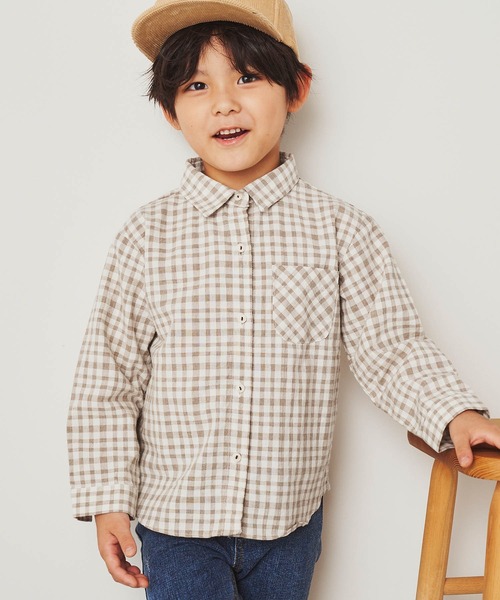 &yam(アンドヤム)の「ポケット付きチェックシャツ(シャツ/ブラウス・キッズ・ベージュ/ブラック・130-140cm/120-130cm/110-120cm)」の1枚目の写真