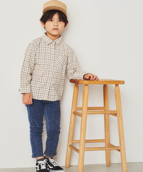 &yam(アンドヤム)の「ポケット付きチェックシャツ(シャツ/ブラウス・キッズ・ベージュ/ブラック・130-140cm/120-130cm/110-120cm)」の3枚目の写真