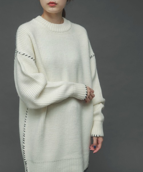 SENSE OF PLACE by URBAN RESEARCH（センスオブプレイスバイアーバンリサーチ）の「ハンドステッチチュニックセーター（ニット/セーター・レディース・アイボリー/ブラック/ブルー・ONE）」の2枚目の写真