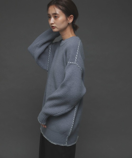 SENSE OF PLACE by URBAN RESEARCH（センスオブプレイスバイアーバンリサーチ）の「ハンドステッチチュニックセーター（ニット/セーター・レディース・アイボリー/ブラック/ブルー・ONE）」の4枚目の写真