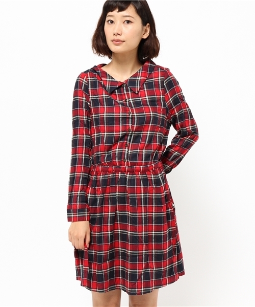 OUTLET（アウトレット）の「【Discoat Petit】レーヨン起毛チェックワンピース（ワンピース・レディース・ブラック/ボルドー/レッド・FREE）」の2枚目の写真