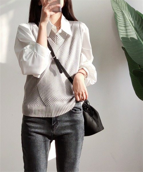MAISON DE THERESE（メゾン ド テレーズ）の「Vネック　ニットベスト（ベスト・レディース・ネイビー/グレー/ブラック・MEDIUM/LARGE/SMALL/S）」の18枚目の写真